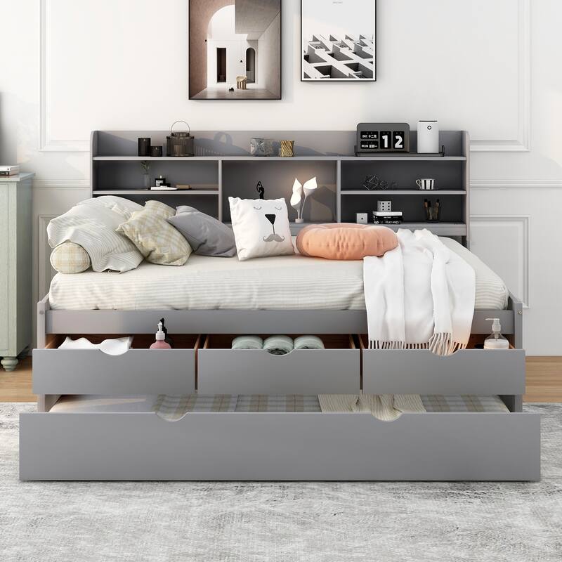 Full Size Wooden Bed with Bookcase Headboard, Three Storage Drawers, and Trundle for Space-Saving Design