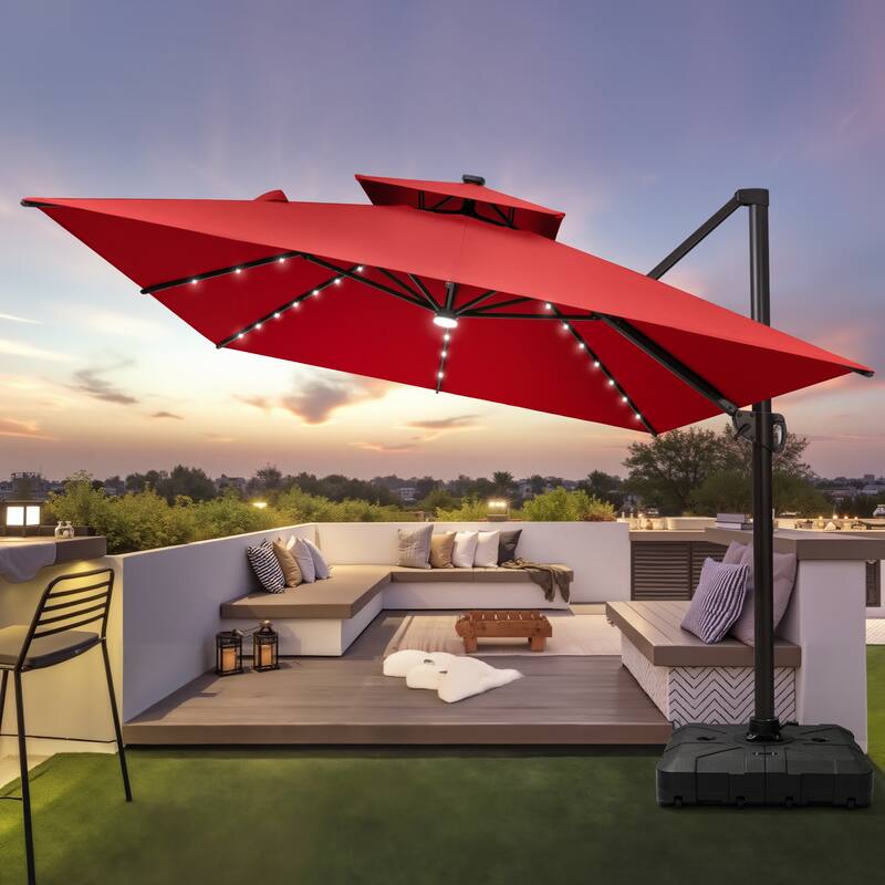 9x11 FT Daul Top Outdoor Patio Cantilever Umbrella Solar LED Lighted with Wheel Base