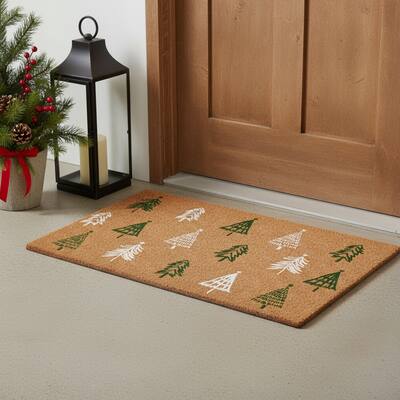 HomeRoots 17" X 29" Brown Green And White Christmas Trees Outdoor Coir Door Mat - 17.00' X '29.00
