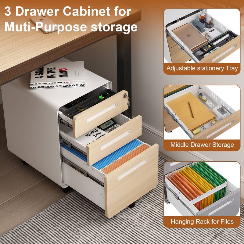 3-Drawer Locking Mobile File Cabinet with Wheels, Metal Home Office Storage Cabinet with Pencil Tray & Hanging Bars - White Wood