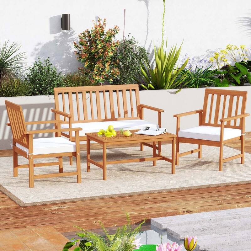 Costway 4/8 PCS Acacia Wood Furniture Set Coffee Table & 2 Armchairs
