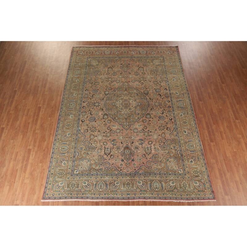 Hand Knotted Oriental 100% Wool Carpet Traditional Floral Coral Mashad Area Rug - 12' 11'' X 9' 6''
