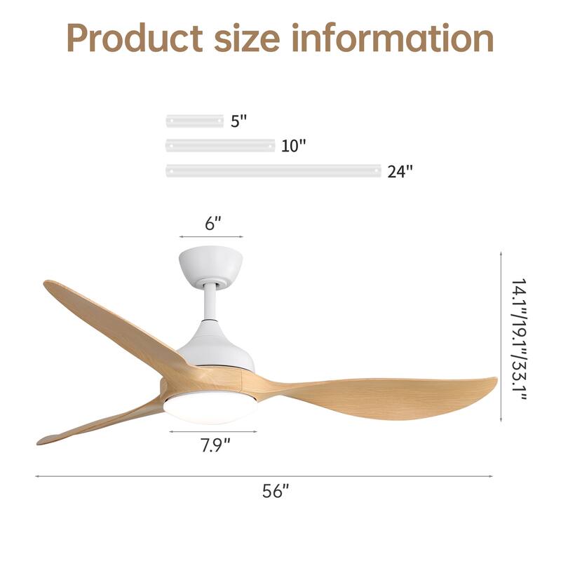 6-Speed Quiet DC Reversible Ceiling Fan for Indoor & Outdoor, Modern 56 Inch White Ceiling Fan with Dimmable LED Light
