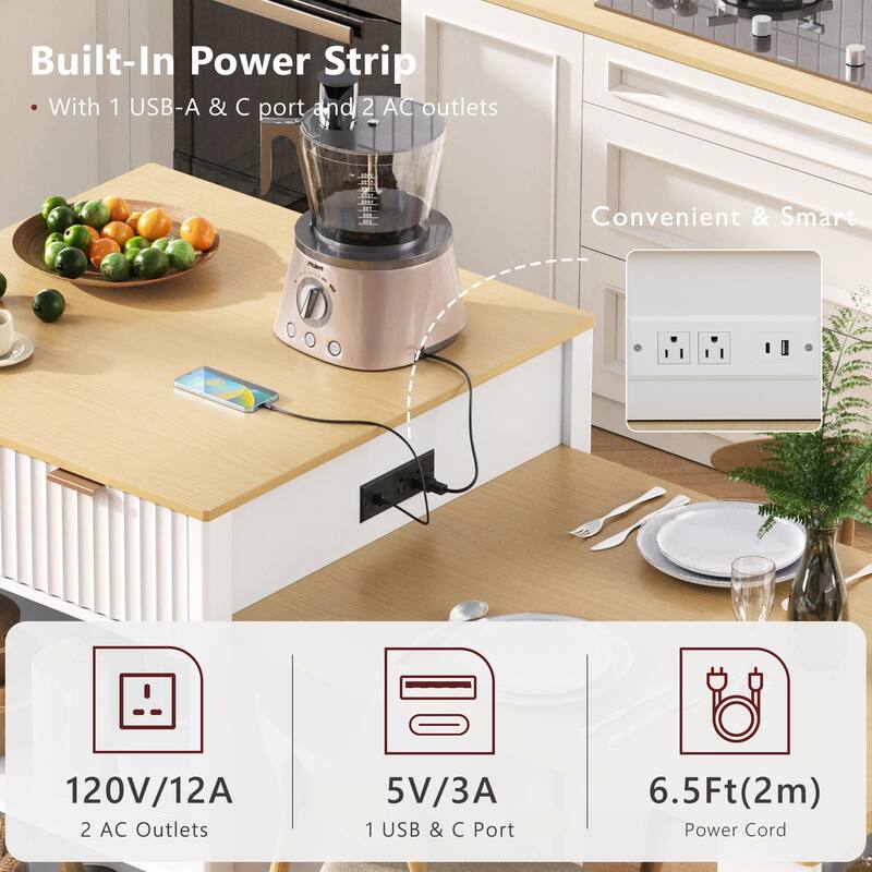 82.6" Fluted Kitchen Island with Extendable Dining Table for 2-6, Power Outlet, Double-Side Storage, Drawers