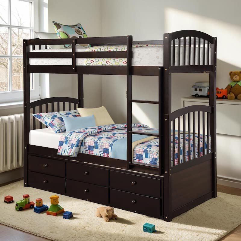 Twin Over Twin Bunk Bed with Trundle and 3 Drawers, Wooden Bunk Bed with Ladder and Safety Rails, Space Saving