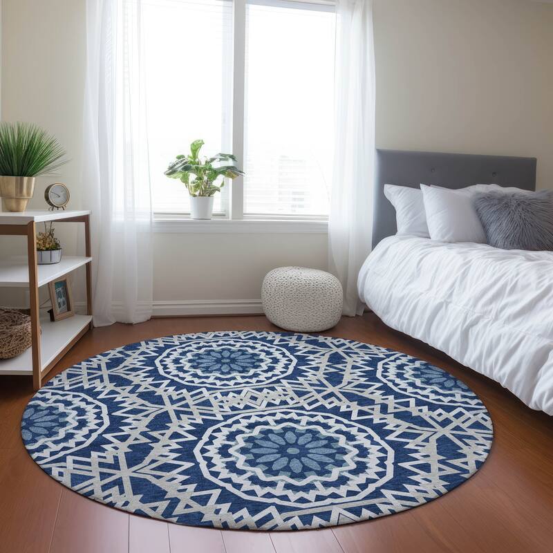 Machine Washable Indoor/ Outdoor Chantille Boho Moroccan Rug - Navy - 8' x 8'