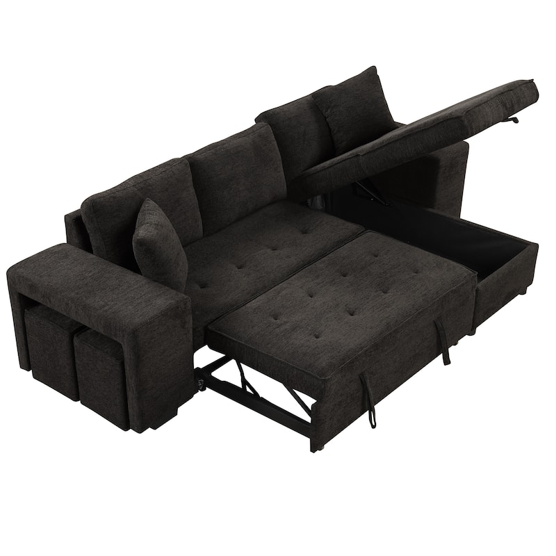 104.5" Chenille L-Shaped Sectional Sofa with Pull-Out Bed and Storage Chaise, 3-Seater
