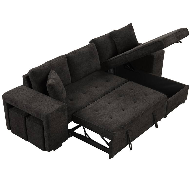 Black 104.5" Charcoal L-Shaped 3-Seater Convertible Sofa with Pull-Out Bed, Storage Chaise, and 2 Stools for Convenient Living