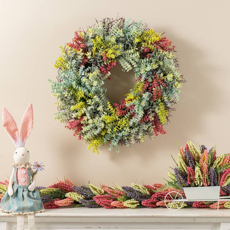 Glitzhome 24"D Mixed Floral Eucalyptus Wreath Includes a Complimentary Black Metal Wreath Hanger