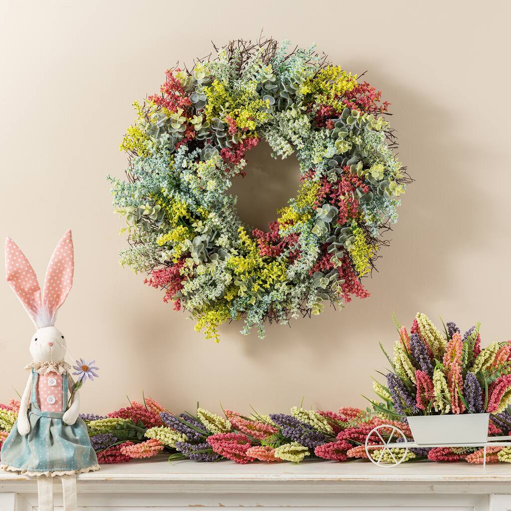 Glitzhome 24"D Mixed Floral Eucalyptus Wreath Includes a Complimentary Black Metal Wreath Hanger
