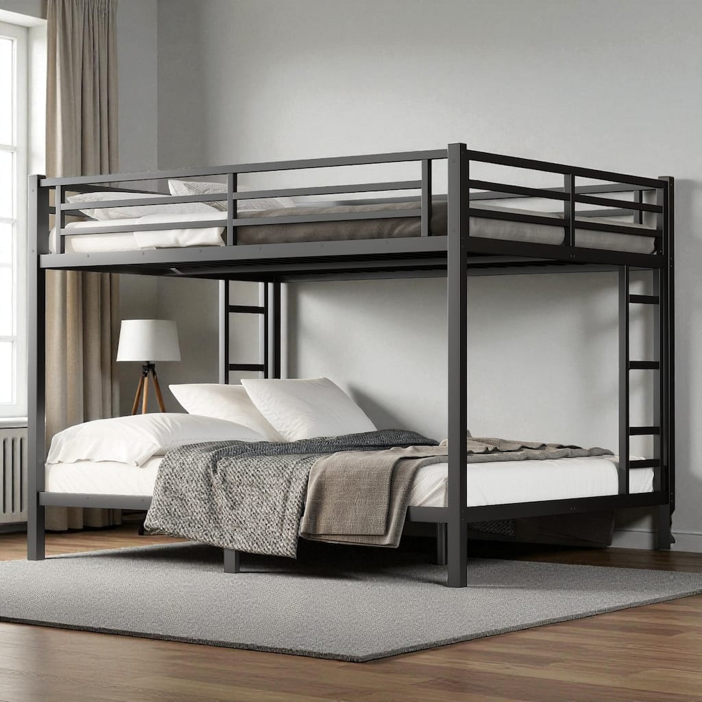 Metal Queen over Queen Bunk Bed for Teens and Adults, Heavy-Duty Noise-Free Frame with Dual Ladders and Guardrails