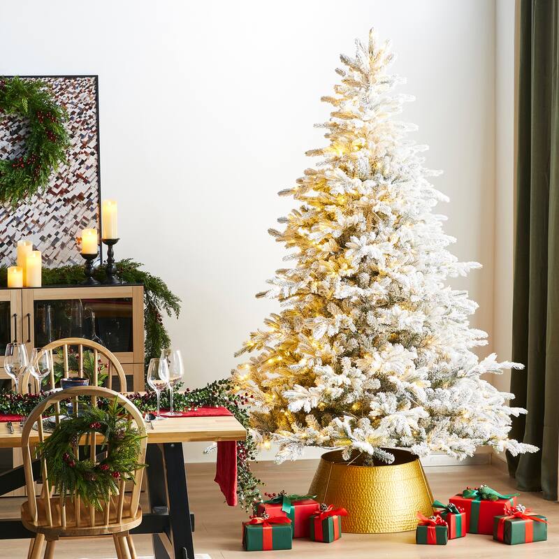 Glitzhome 6FT/7.5FT/9FT/11FT Snow Flocked Pre-lit Artificial Fir Christmas Trees