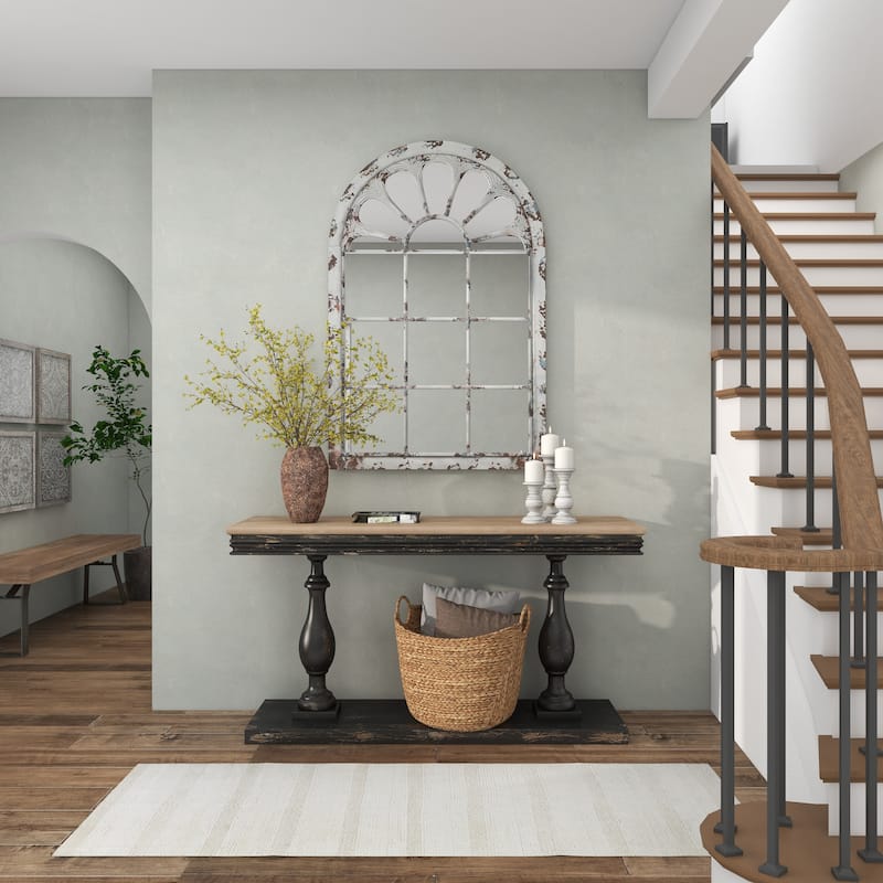 White Metal Window Pane Inspired Room Wall Mirror with Arched Top