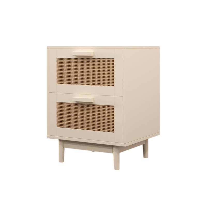 Rattan Nightstand, Wood End Table, Side Table with 2 Faux Rattan-Decorated Drawers for Living Room, Bedroom