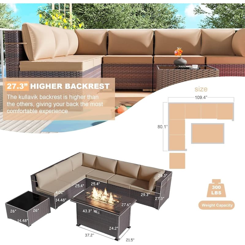 8 Pieces Outdoor Patio Furniture Set, All Weather PE Wicker Sectional Conversion Sofa set w/ Firepit Table