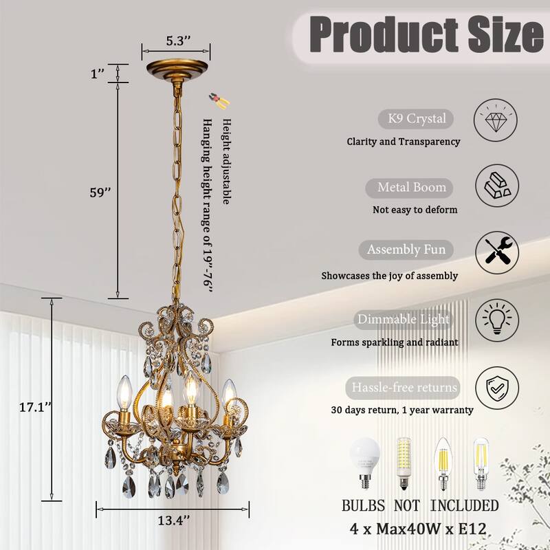 3/4-Lights Vintage Small Candlestick Crystal Chandelier in Antique Gold
