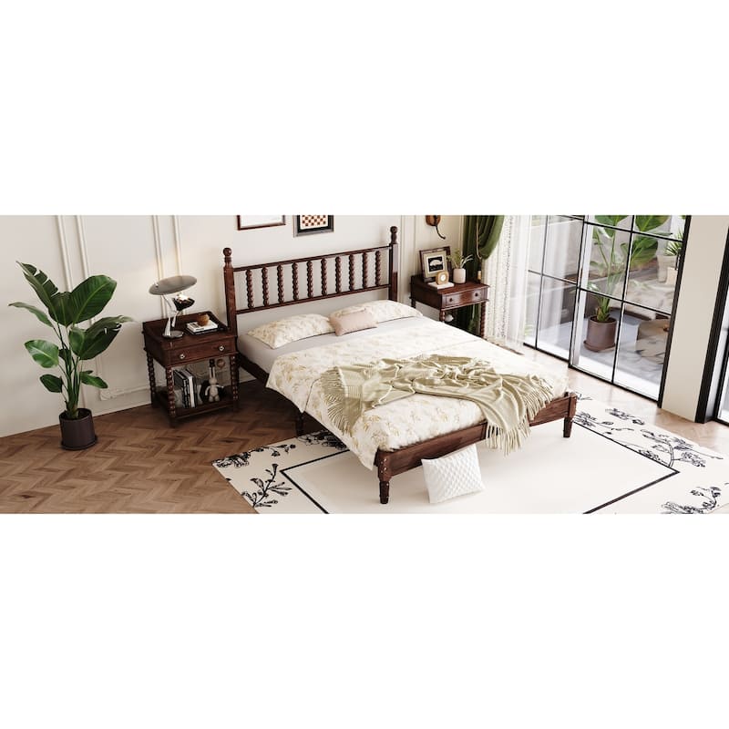 Wood Platform Bed Frame with Gourd Shaped Headboard, Retro Style Low Profile Bed with Wooden Slat Support, No Box Spring Needed