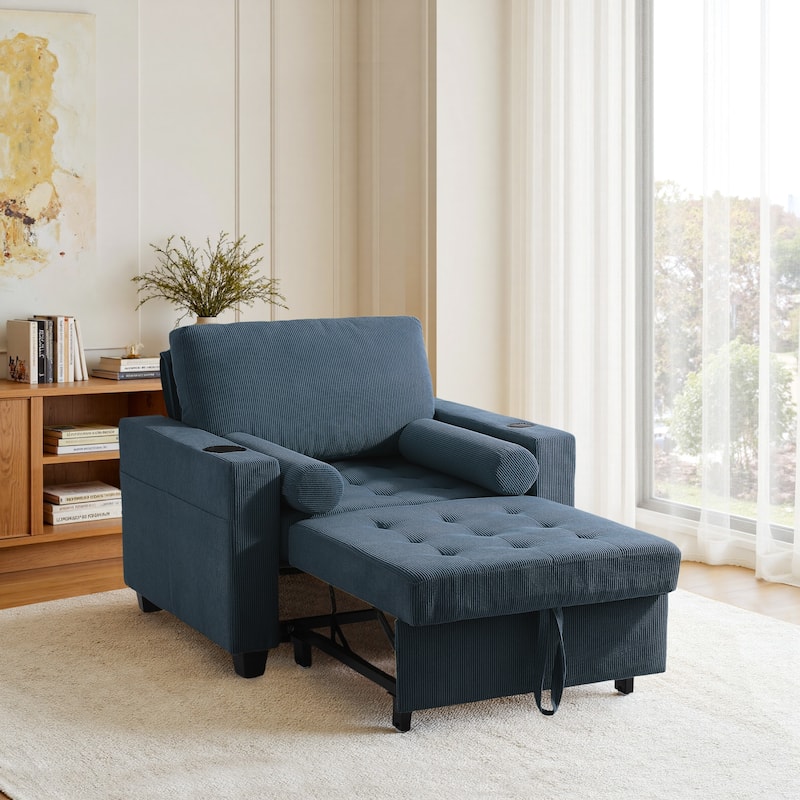 3-in-1 Corduroy Sleeper Sofa Pull-Out Bed Convertible Adjustable Loveseat with USB Port - Chair - Navy