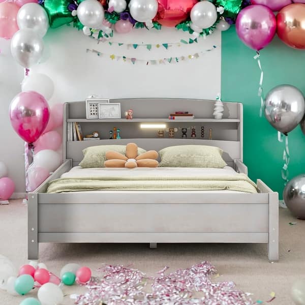 slide 2 of 18, Wood Full Size Platform Bed with LED Light, Storage Headboard, and Guardrail, Antique Grey Antique Gray
