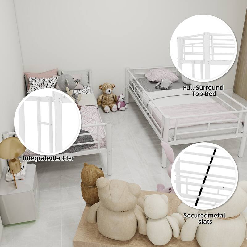 Convertible Twin Over Twin Metal Bunk Bed for Kids with Ladder & Guardrail, No Box Spring Needed