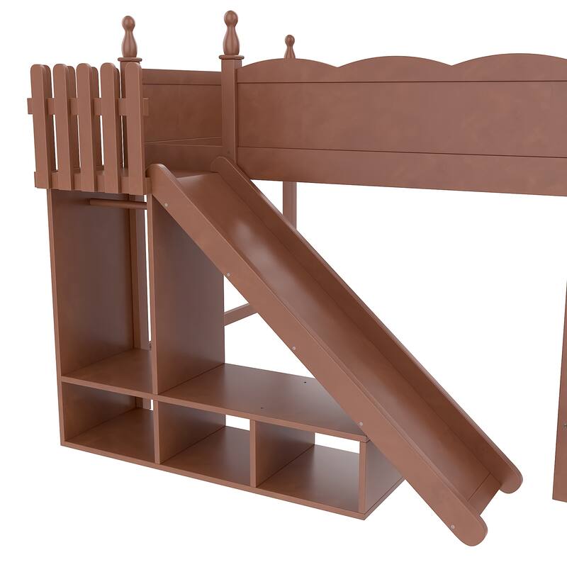 Full Loft Bed with Storage Shelves and Wardrobe, Solid Wood Loft Beds with Detachable Slide and Ladders, No Spring Box Needed