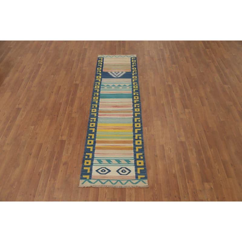 Hand Woven Oriental 100% Wool Carpet Southwestern Tribal Multi-Colored Kilim Runner Rug - 7' 6'' X 2' 1''
