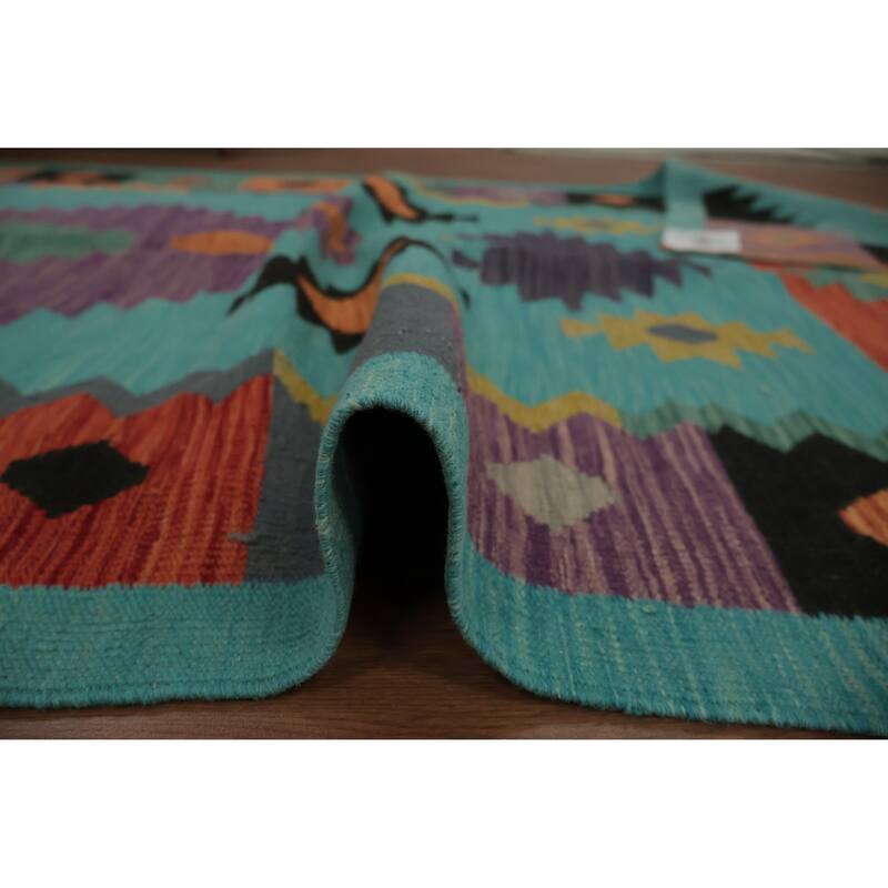 Hand Woven Oriental 100% Wool Carpet Southwestern Modern Navy Blue & Blues Kilim Area Rug - 11' 6'' X 4' 10''