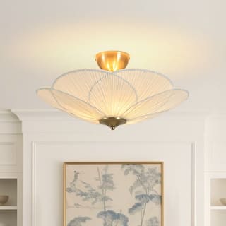 3-Light French Country White Ribbed Fabric Round Bloom Ceiling Light
