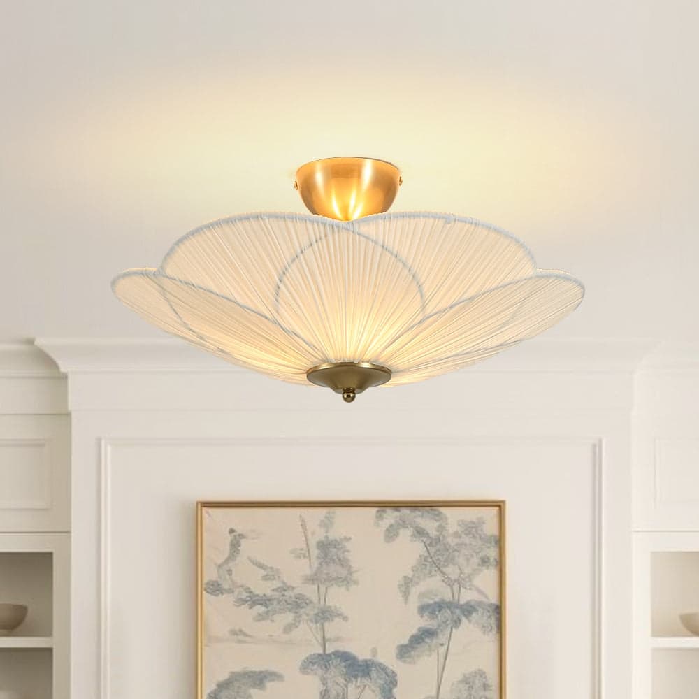 3-Light French Country White Ribbed Fabric Round Bloom Ceiling Light
