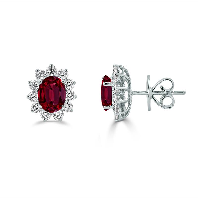 Auriya 2 3/4ct Iconic Oval-cut Red Ruby Halo Diamond Stud Earrings 1 1/4ctw 18k Gold
