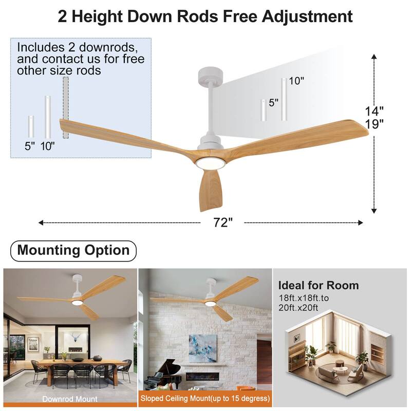 72 Inch Modern Ceiling Fan With 3 Color Dimmable 3 Solide Wood Blades Remote Control Reversible DC Motor With Led Light