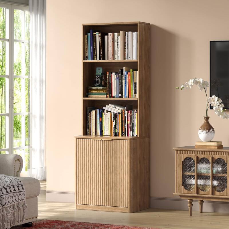 71" Oak Bookcase with Doors, 5-Tier Fluted Tall Bookshelf with Storage - Oak