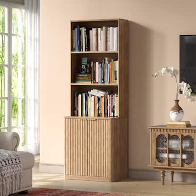 71" Oak Bookcase with Doors, 5-Tier Fluted Tall Bookshelf with Storage
