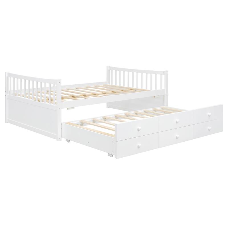 Full Size Daybed with Twin Trundle and 3 Drawers Solid Wood White No Box Spring Needed