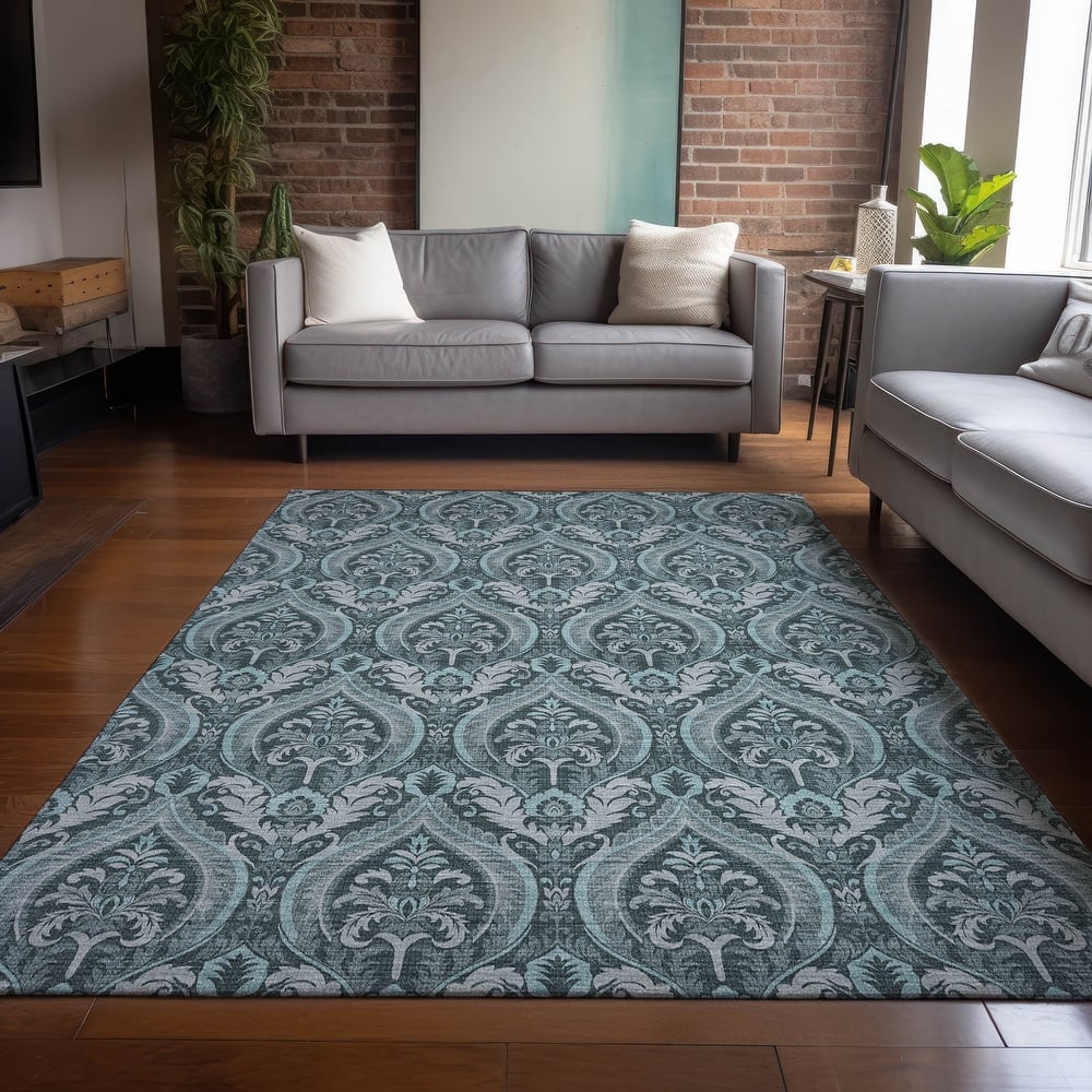 Machine Washable Indoor/ Outdoor Damask Chantille Rug