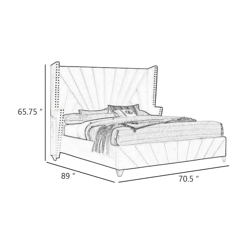 Ino Queen Size Bed w Wingback Headboard, Gray Fabric Upholstery