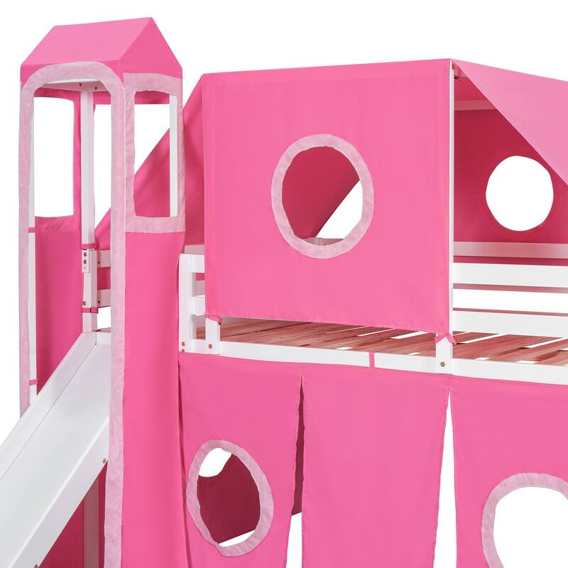 Full Loft Bed with Castle Tent & Tower and Solid Wood Frame, 400lb Capacity, Playhouse Design