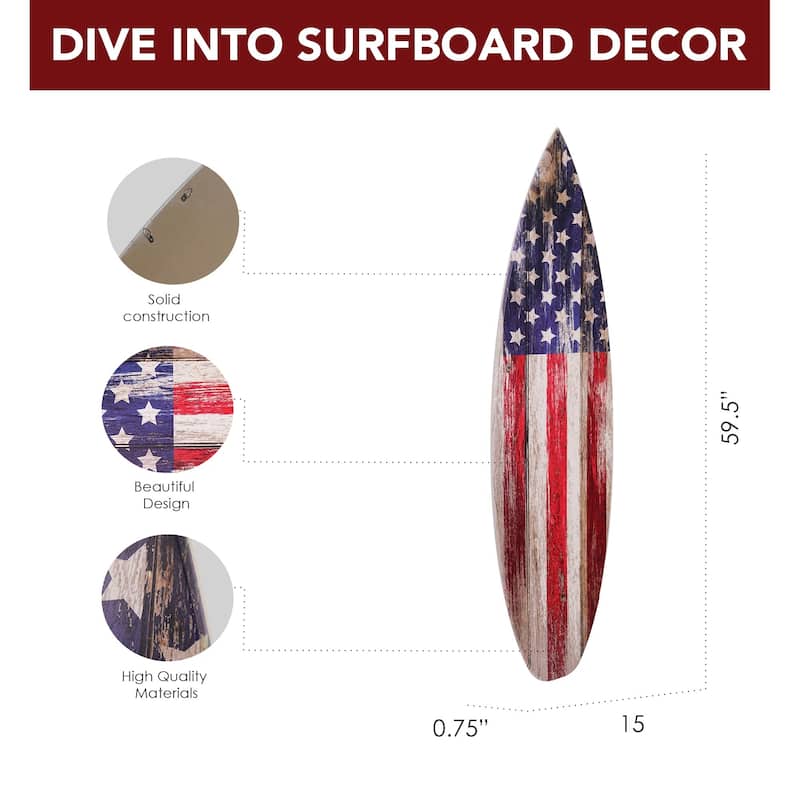 American Flag Wood Surfboard Plaque Wall Sign - 60"x15" - 60" x 15"