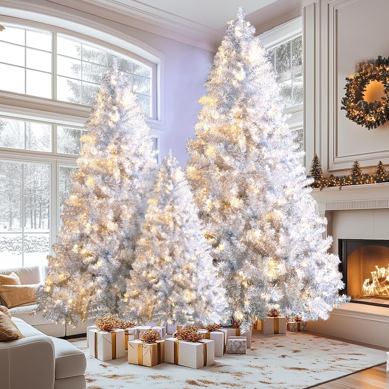 Roomfitters Pre-Lit Artificial Christmas Tree Set 4FT 6FT 7.4FT, Holiday Trees with Metal Stands, Warm Lights, Silver - Silver - 4FT/6FT/ 7.4FT