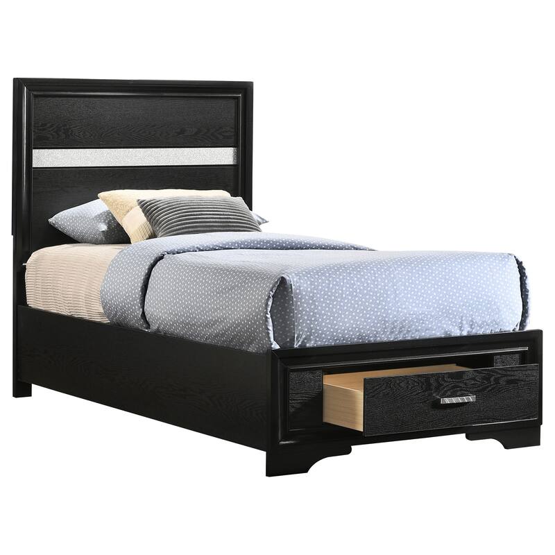 Black Twin Storage Panel Bed with Integrated Drawers and Crystal Accents