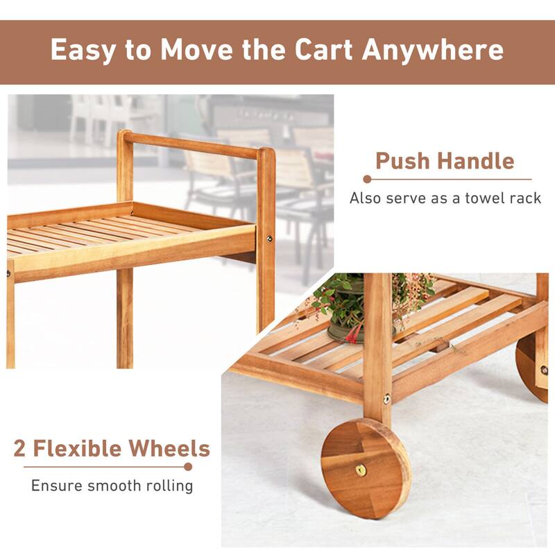 Gymax 2-Tier Acacia Rolling Kitchen Trolley Cart Dining Serving Cart - See Details