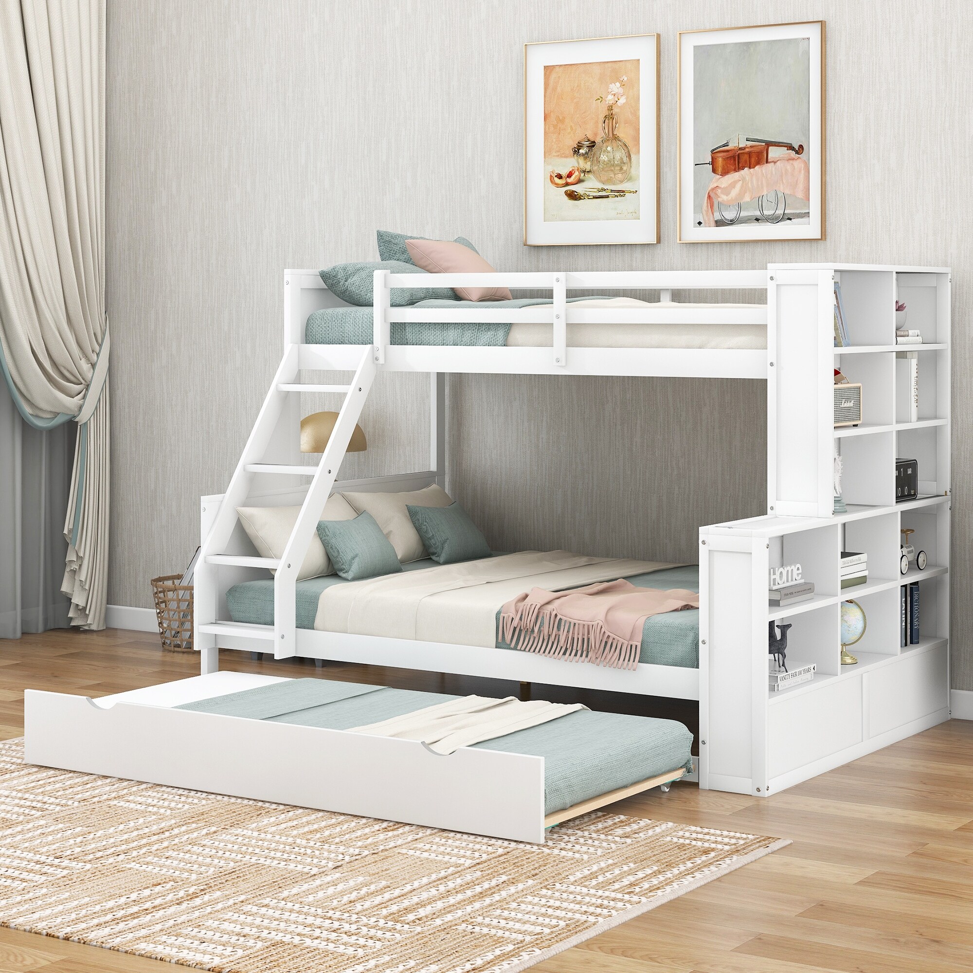 Twin over Full Bunk Bed with Trundle and Shelves can be Separated