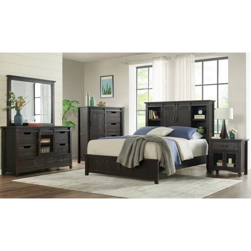 Vilo Home Modern Western 5pc Brown Solid Wood Queen Size Bed with Built in Shelf Space - Eastern King - Brown