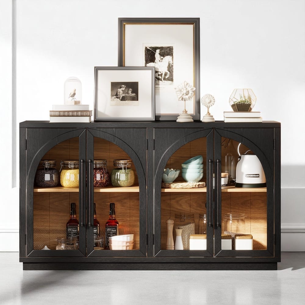 60" 4-Door Arched Sideboard Buffet Cabinet with Glass Doors and Adjustable Shelves, Retro Oak Veneer Console