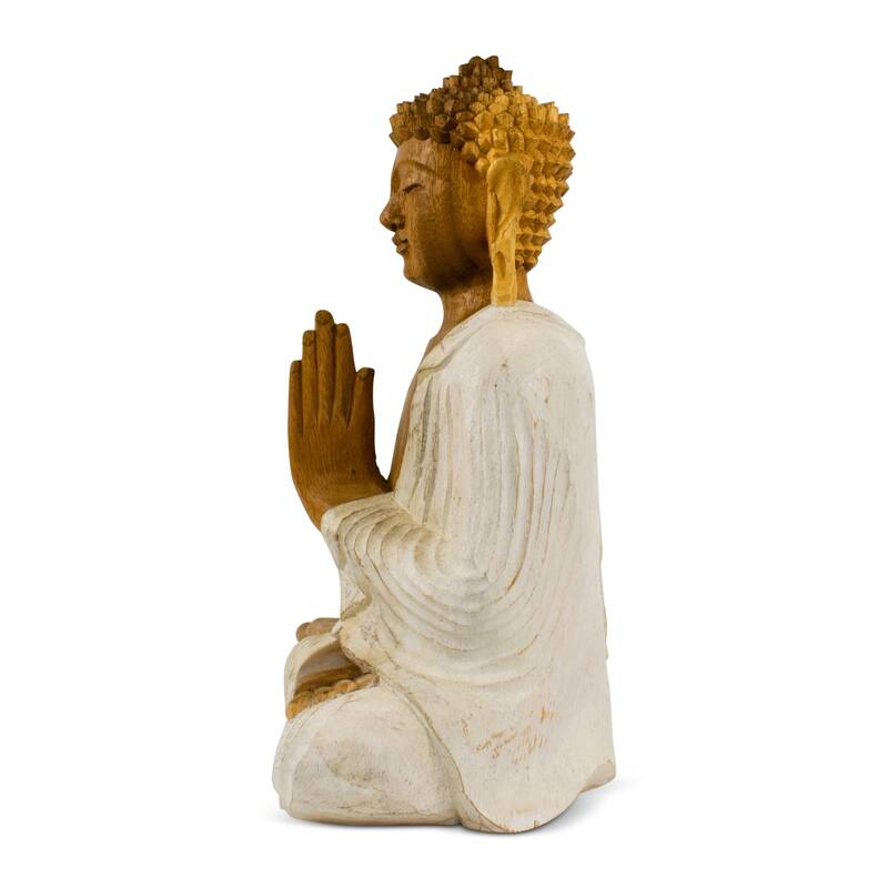 Wood Buddha Statue Hand Carved Whitewashed Anjali Mudra Sculpture, Namaste Zen Decor