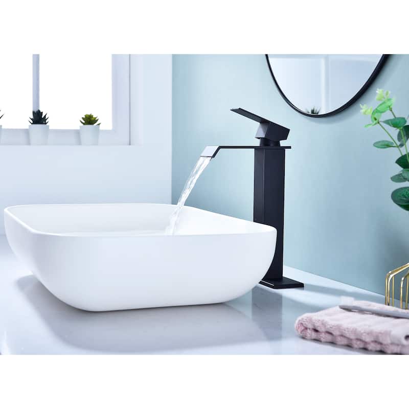 Waterfall Bathroom Sink Single Handle Faucet with Pop Up Drain, No Overflow, Corrosion and Rust Resistant - Black