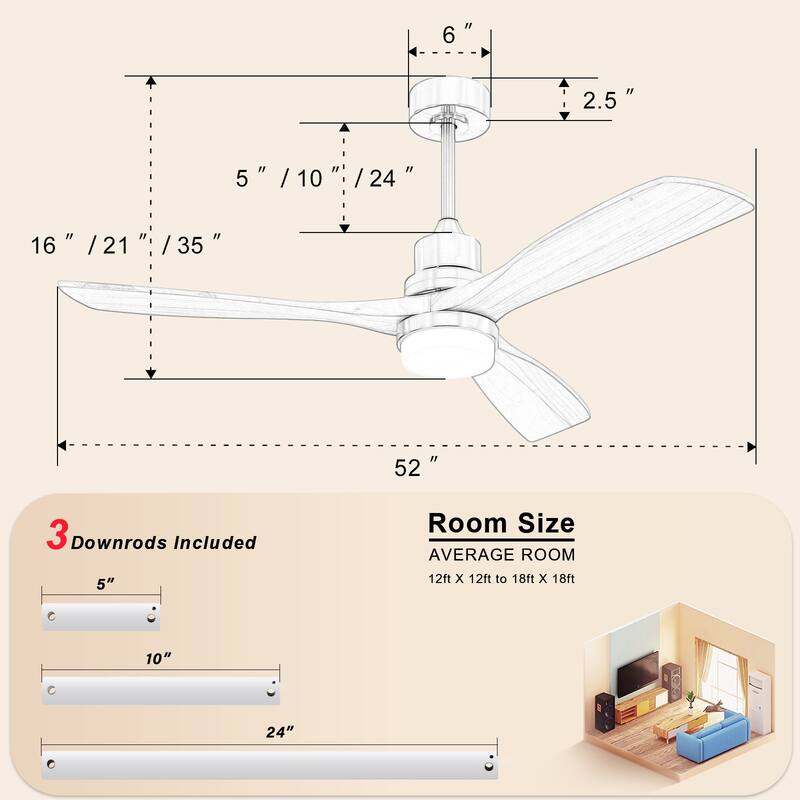 3 Solid Wood Blades Ceiling Fan with Dimmable LED Light, 52 Inch Indoor Reversible DC Motor Ceiling Fan, 6 Wind Speeds