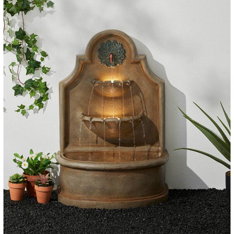 Glitzhome 37.25"H Oversized 3-Tier Single Spout European Style Polyresin Wall Fountain with LED Lights