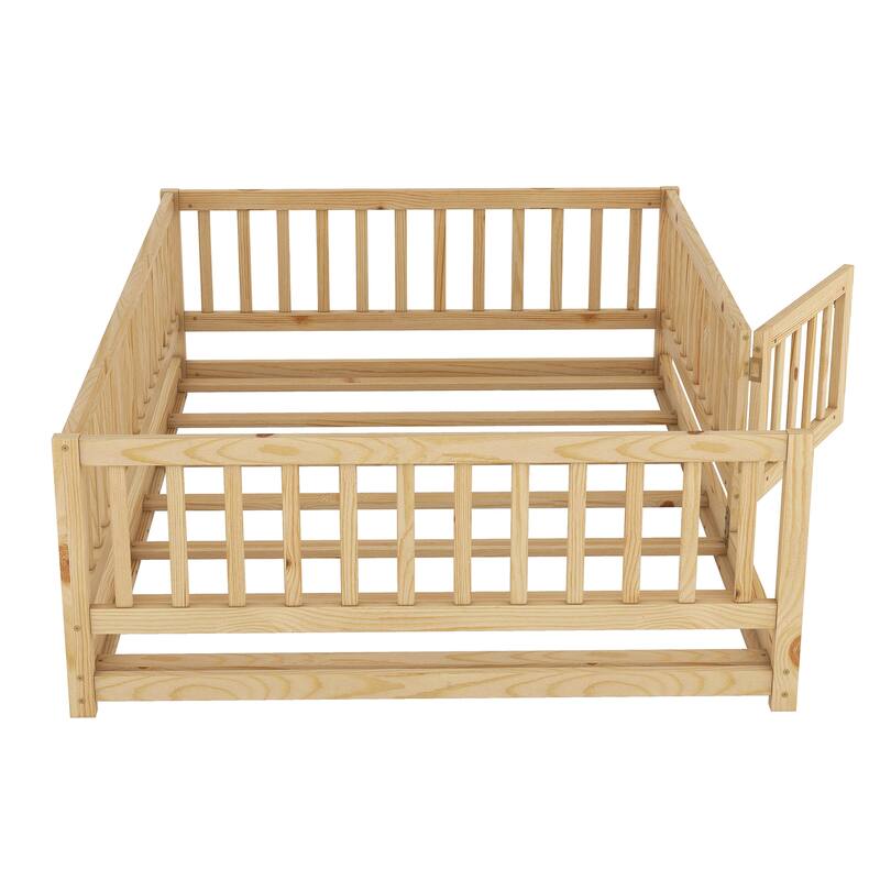 Full Size Floor Bed with Slats, Montessori Floor Bed with Fence and Door, Kids Montessori Bed Full Size