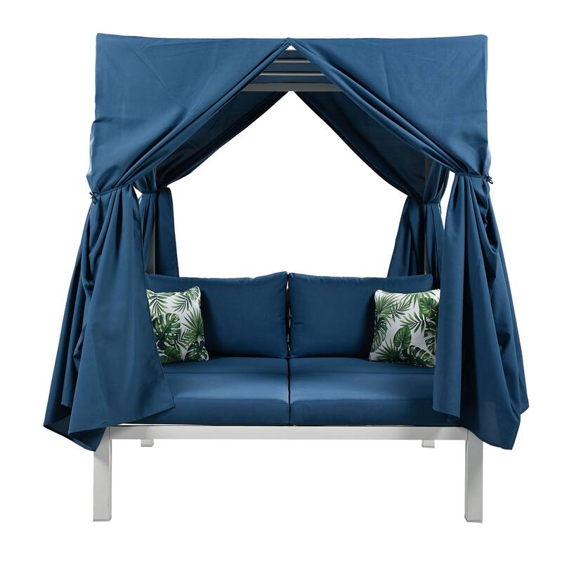 Outdoor Patio Rattan Canopy Daybed Sunbed with Curtain and Woven Rope Arm
